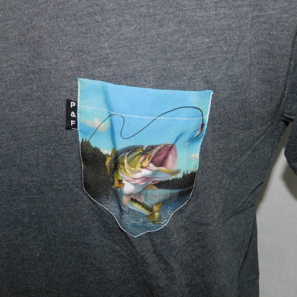 Poches & Fils Mens L Dark Gray Nagano Cane Pocket T-Shirt Bass Fishing - Picture 2 of 9
